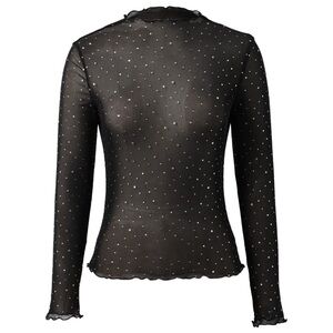 Black Sheer Mesh embellished layering top Sparkly Silver studs Edgy holiday NYE